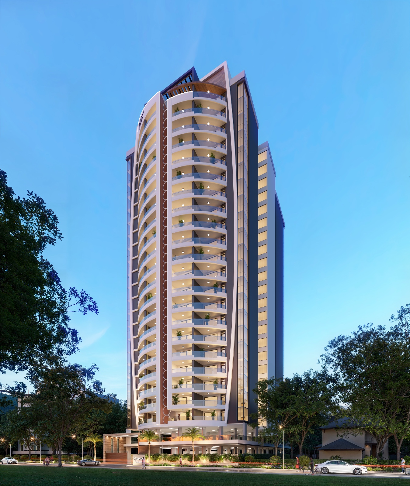 Valoria Residences tower at evening