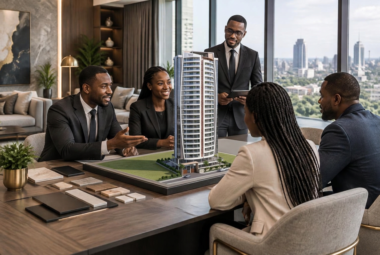 Valoria sales team welcoming clients in a premium sales office